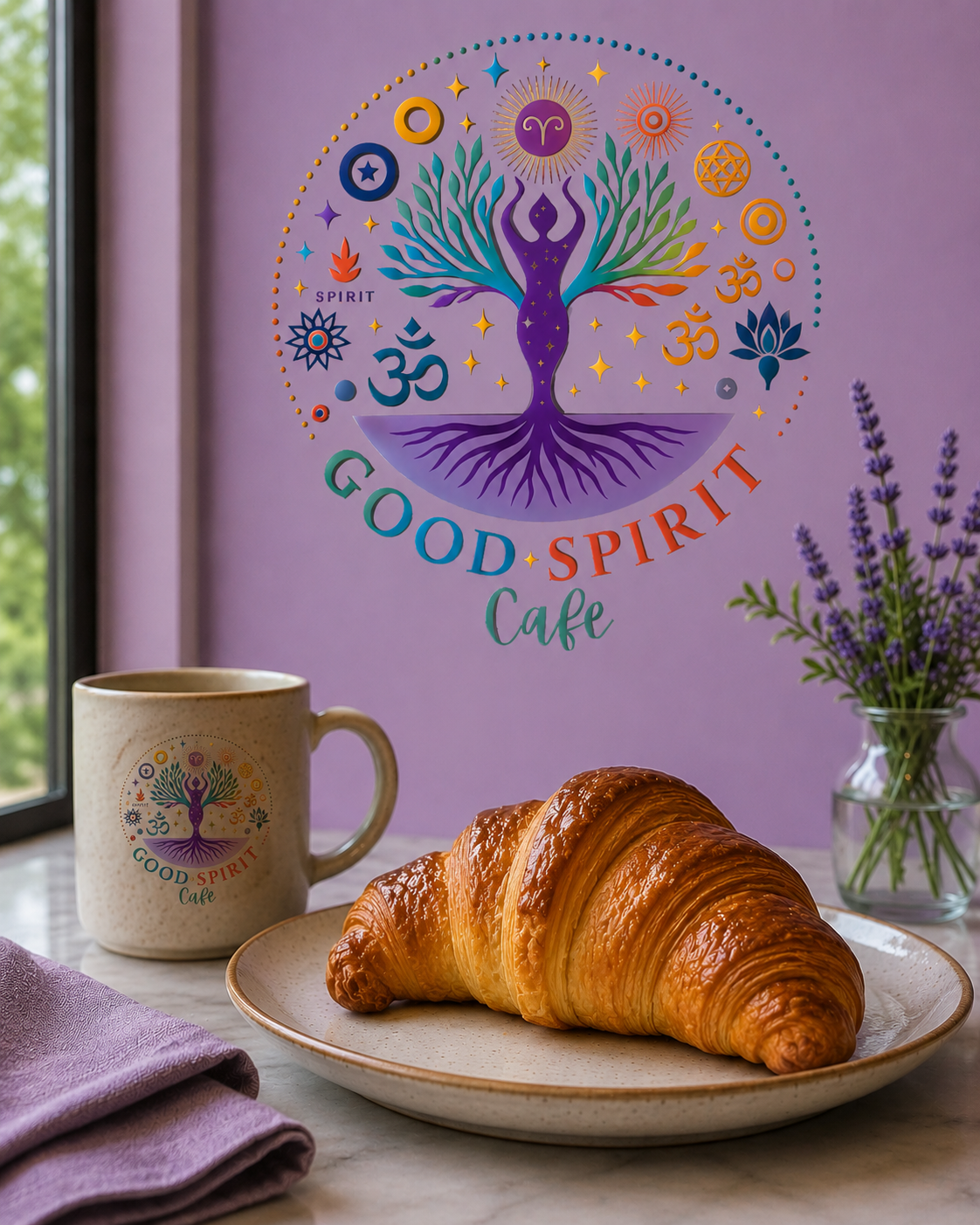 A fresh croissant and a Good Spirit Café mug
